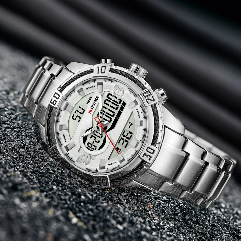 2019 MIZUMS men gentleman business luxury stainless steel quartz watches male dual time waterproof bracelet erkek kol saati