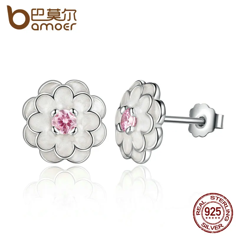 

BAMOER Spring Collection 925 Sterling Silver White Flower Elegant Stud Earrings Women Wedding Luxury Jewelry PAS462