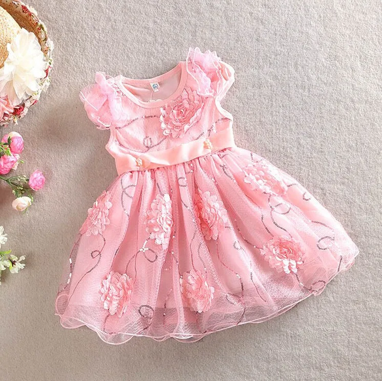 

2015 summer new style handwork flower short sleeves bow flower sequined Children baby girl dresses age 2-7 years