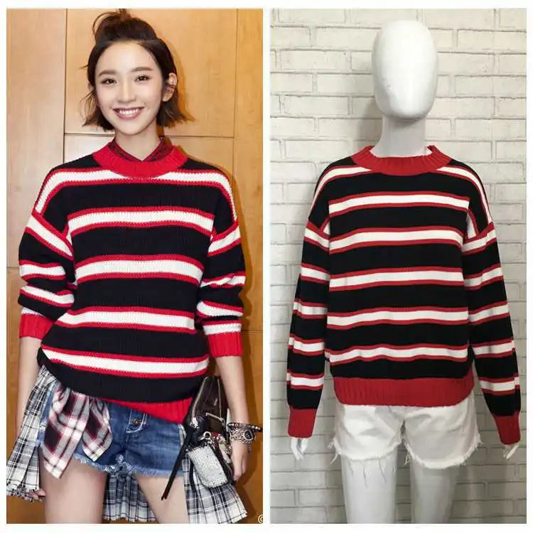 2019 New Jolin Tsai Star with A Circular Neck Red Striped Sweater Pullovers Turtleneck Winter Clothes Women Sweaters 2019 New Jolin Tsai Star with A Circular Neck Red Striped Sweater Pullovers Turtleneck Winter Clothes Women Sweaters