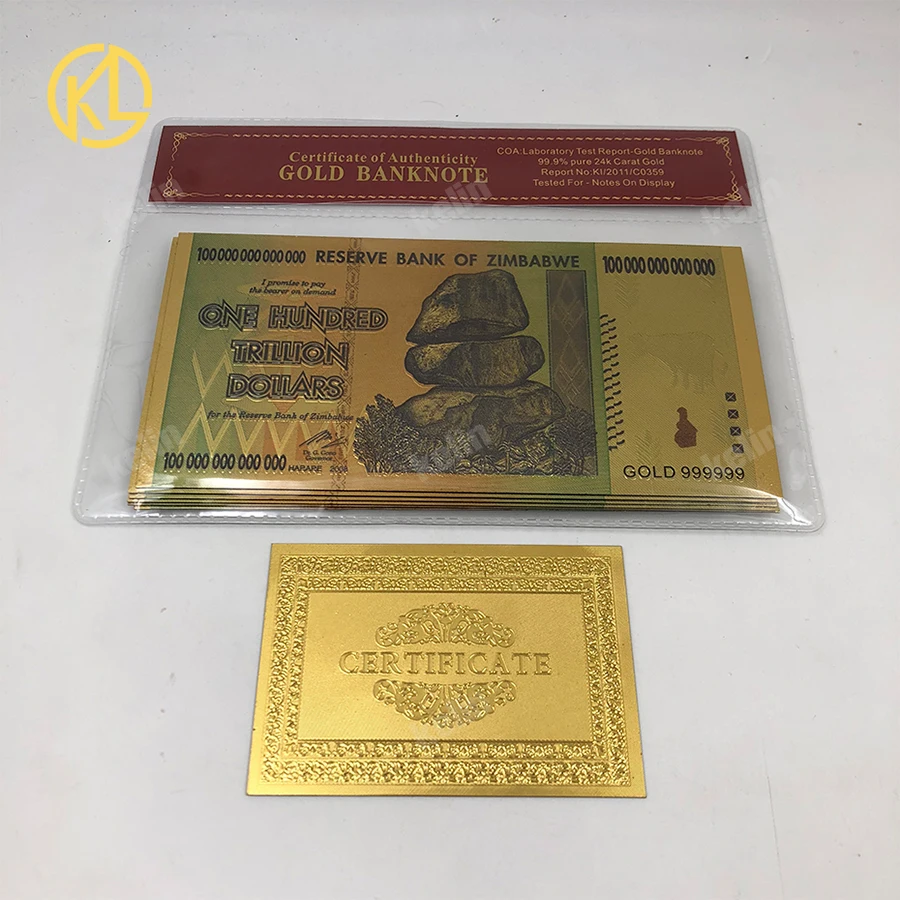 

10pcs/lot high quality PET Material Colored Zimbabwe Gold Banknote with nice plastic Sleeve frame for good selling