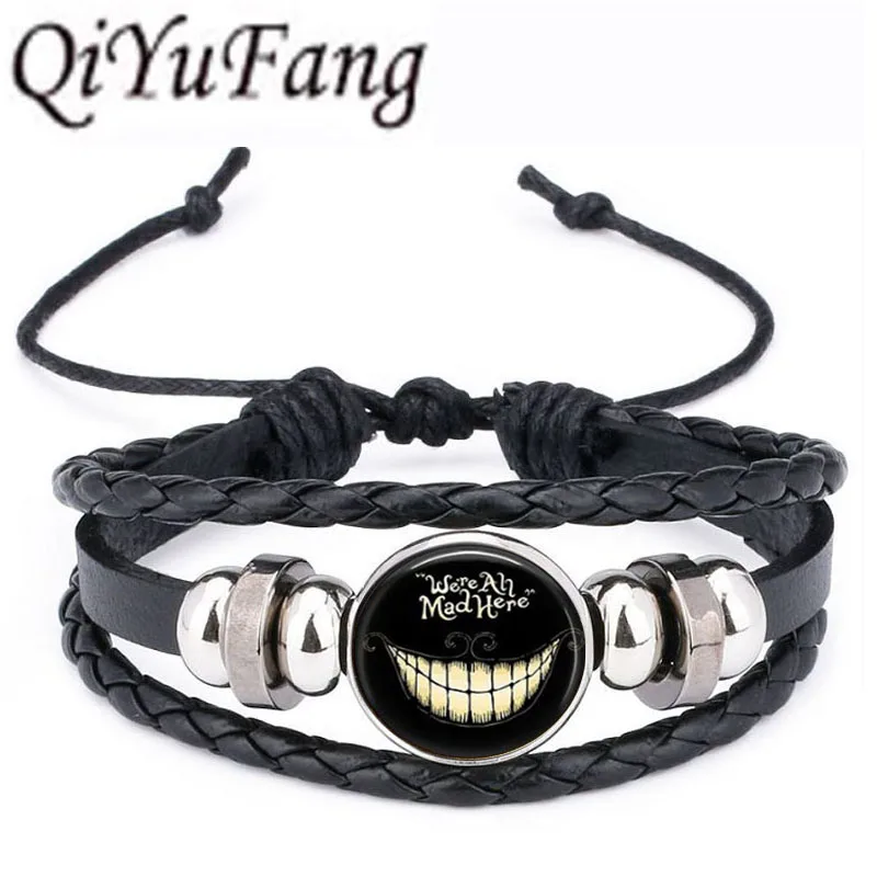 

QiYuFang Alice in Wonderland hatter Leather Bracelet We're all Mad Here Jewelry Black Multilayers Charm Bracelets for Women Men