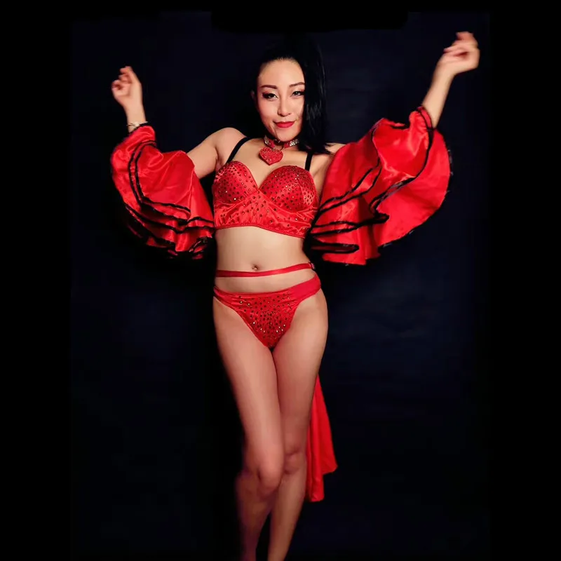 

Fashion Yellow Red Rhinestones Skirt Set Costume Sexy Bra Outfit Women Party Crystals Evening Clothing Set Stage Dance Dresses