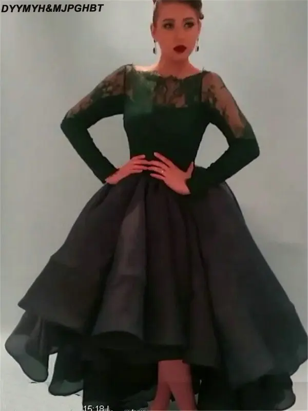 Glamorous A-line Scoop Appliqued Sheer Long Sleeve Tiered Skirt Tea Length Prom Evening Dresses 2014 Arab Vestido_