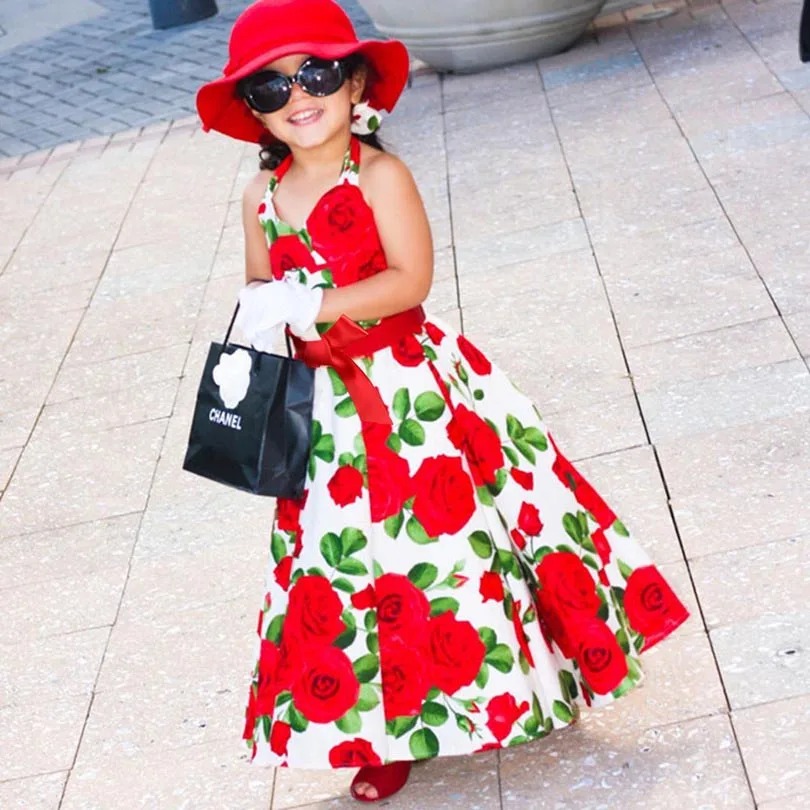 

Hot Sell Fashion Summer Spring Children's Baby Girls Wear Girls Sleeveless Halter Red Print Floral A Line Dress 2T-7T