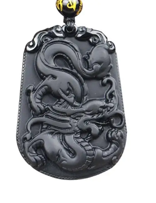 

Beautiful Natural Black Obsidian Carved Chinese Zodiac Dragon Lucky Amulet Pendant + beads Necklace Fashion Jewelry
