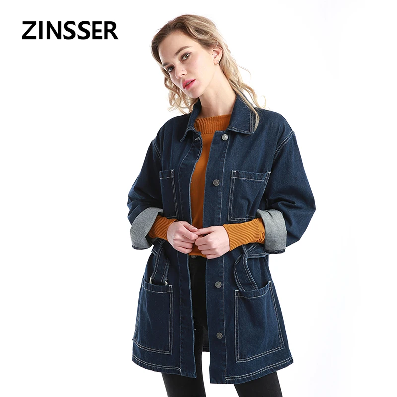

Autumn Winter Women Denim Fancy Jacket Worker Loose Casual Long Sleeve 100% Cotton Washed Blue Female Lady Coat