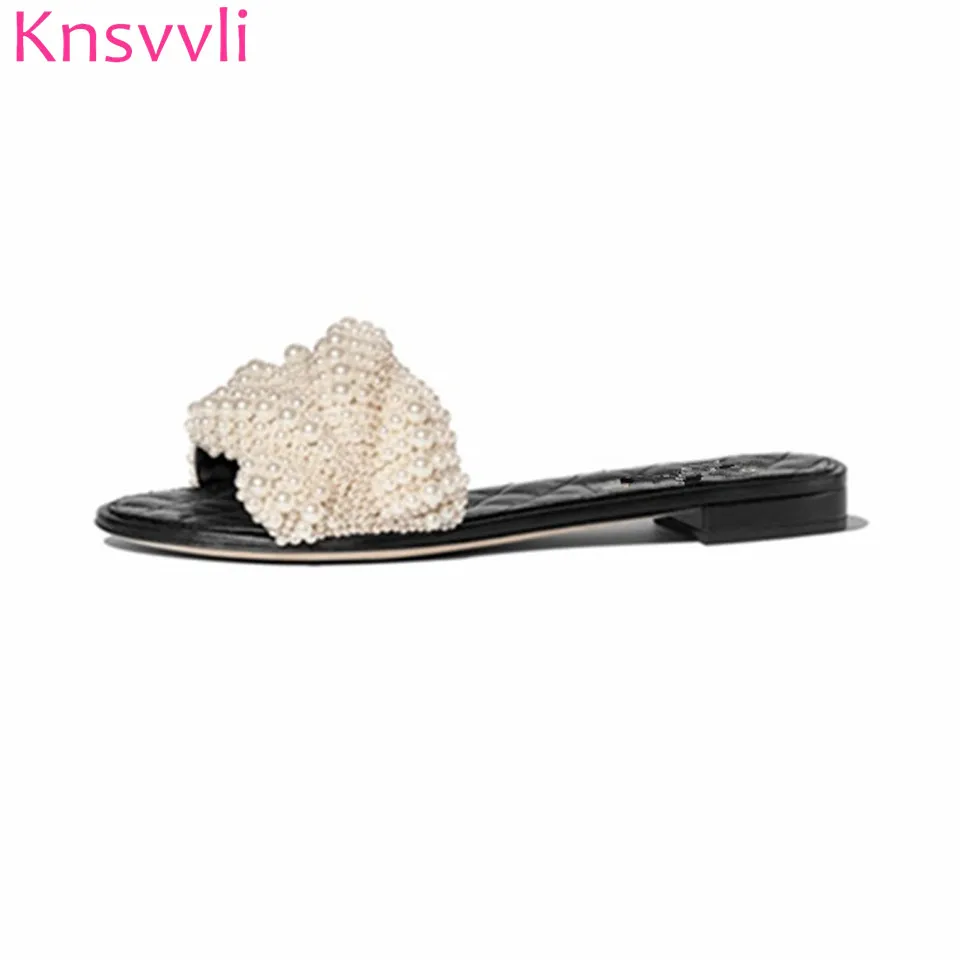 

Knsvvli All Matching Casual Pearl Light Grey Women Slippers Summer New Style Outdoor Fashion White Flats Slippers Ladies
