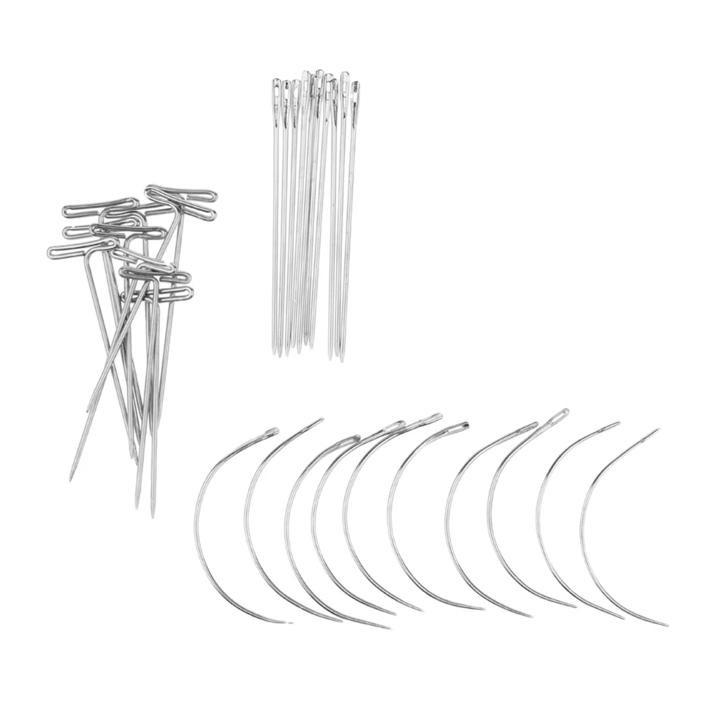 30 Pieces C+J+I Shaped Wig Needles Pins Dark Brown Thread for Wig Making Hair Extension Handcraft Sewing Weaving