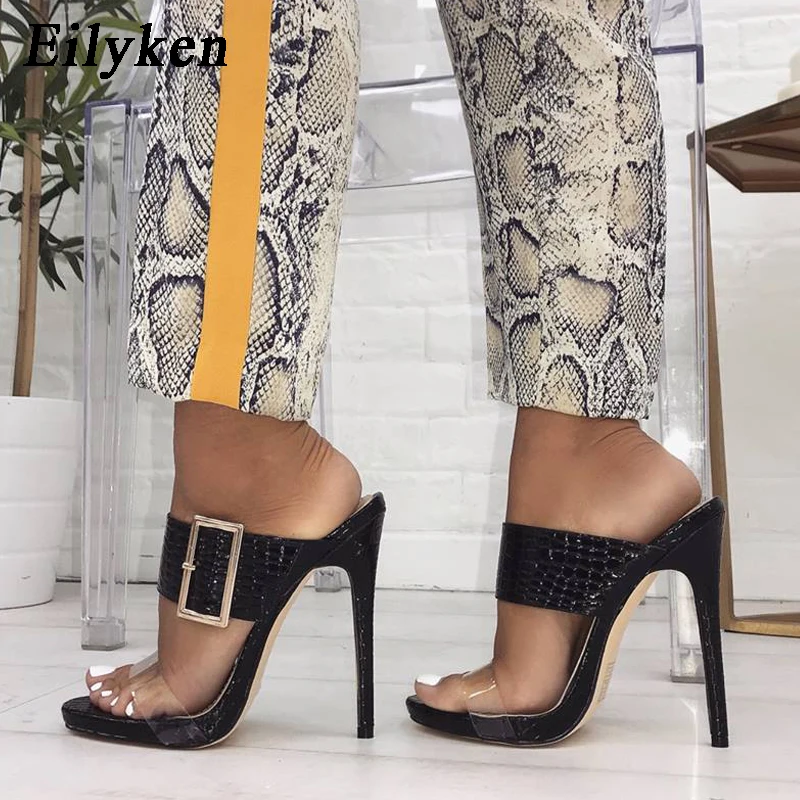 

Eilyken 2019 New Spring Summer Sexy Slippers Fashion Buckle Strap Women Slippers Pumps 11cm High Heels Black Party Shoes