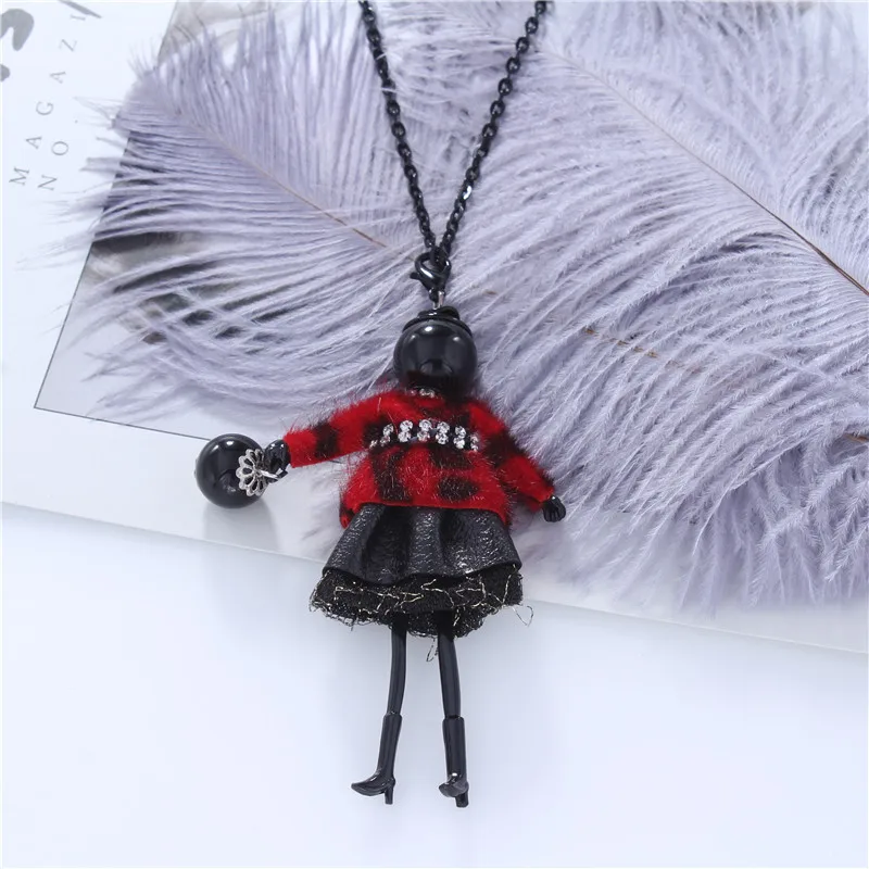 New Doll Necklace Women Feather Lace Skirt Black Alloy Pendants Necklaces Long Sweater Chain Charm Jewelry Party Gifts Collar