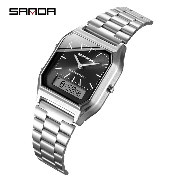 SANDA Military Sports Watches Waterproof Mens Watches Top Brand Luxury Clock Electronic LED Digital Watch Men Relogio Masculino - Цвет: Silver black