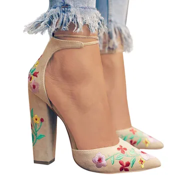 

Wildflower Embroider Women Pumps High Heels Pointed Toe Lace Up Cross-tie Women High Heels Elegant Lady Shoes Women