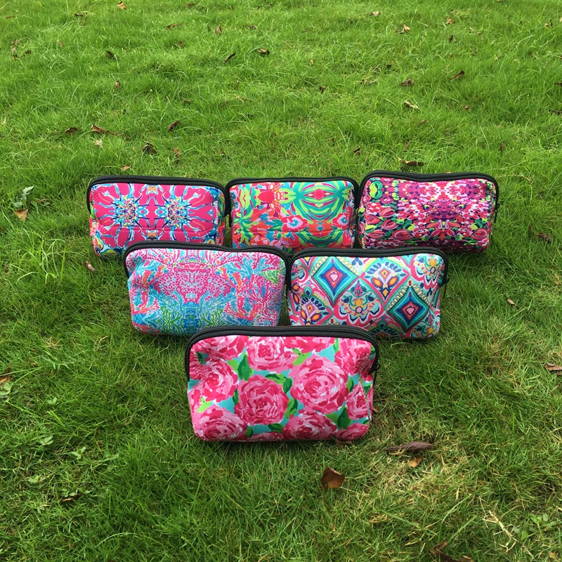 Neoprene Makeup Bag Lilly Floral Triangle Travel Case Rose Neoprene