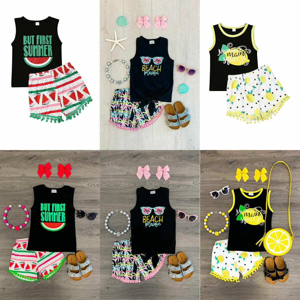 

1-6Y Toddler Baby Girl Fringe Outfits Lemon Sunglasses Watermelon Letter Black Vest Top Floral Shorts 2Pcs Summer Clothes Set