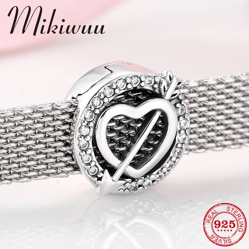 

925 Sterling Silver Cupid's arrow Heart Beads Charms Clip bead fit Original reflection charms Bracelets women Jewelry