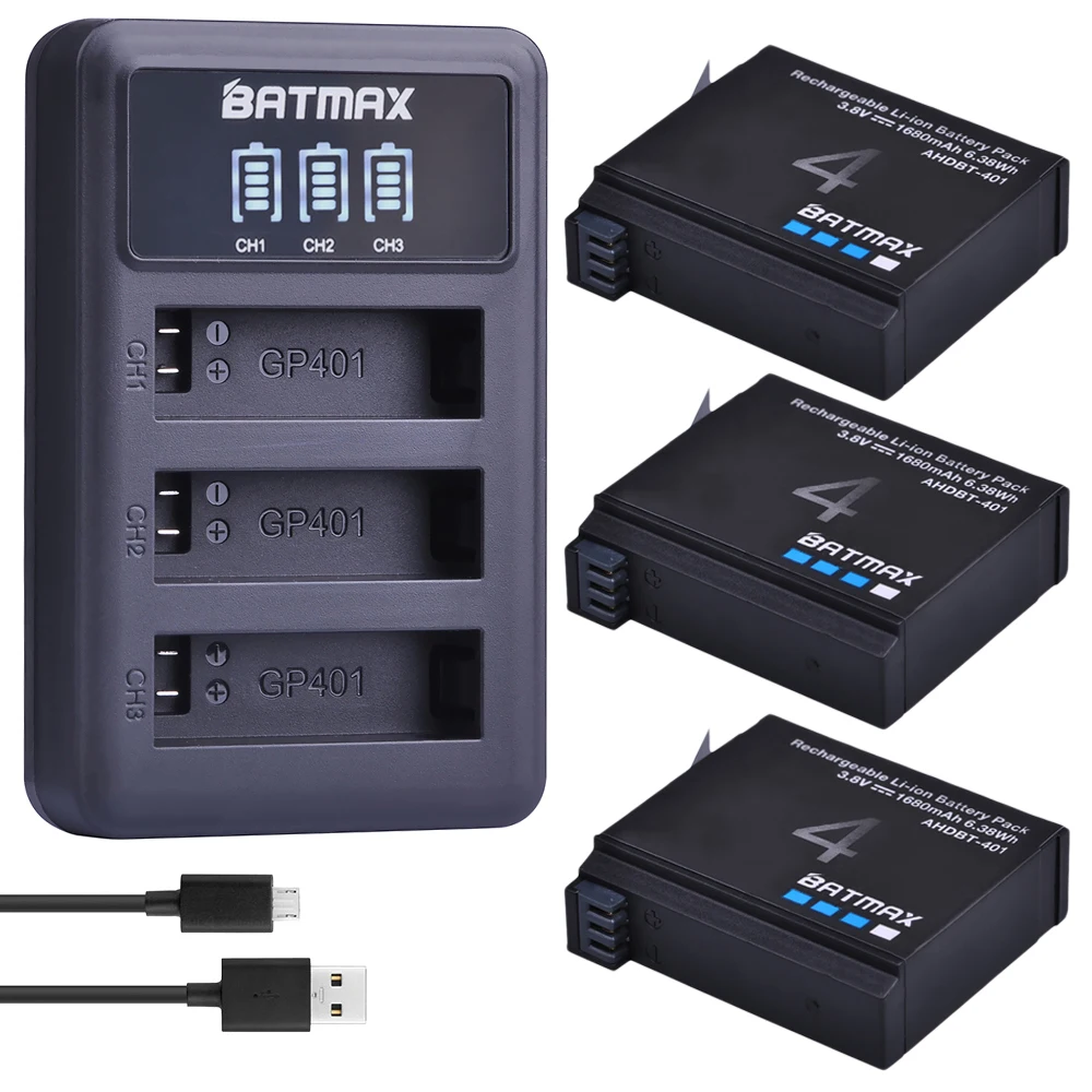 

3PCS 1680mAh AHDBT-401 Battery+LED 3 Slots USB Charger for Gopro Hero 4 Action camera Accessories