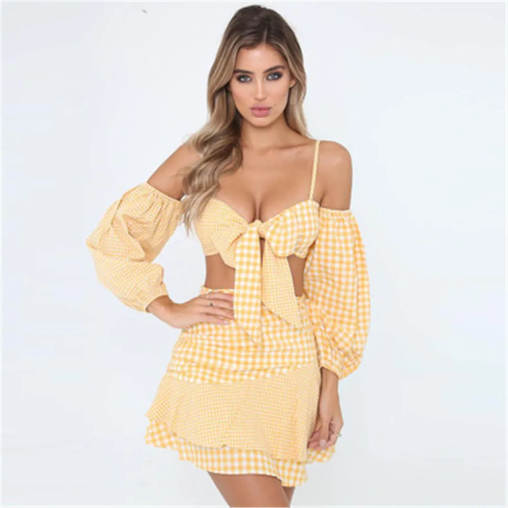 

Summer Sexy Two Piece Women Spaghetti Strap Plaid Chiffon Dress Bow tie Backless Beach Dress Casual Bodycon short Dress