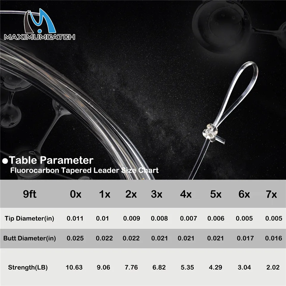 Maximumcatch fluorocarbon afilado líder linha 9ft 0x-7x voar linha de pesca líder com loops cor clara