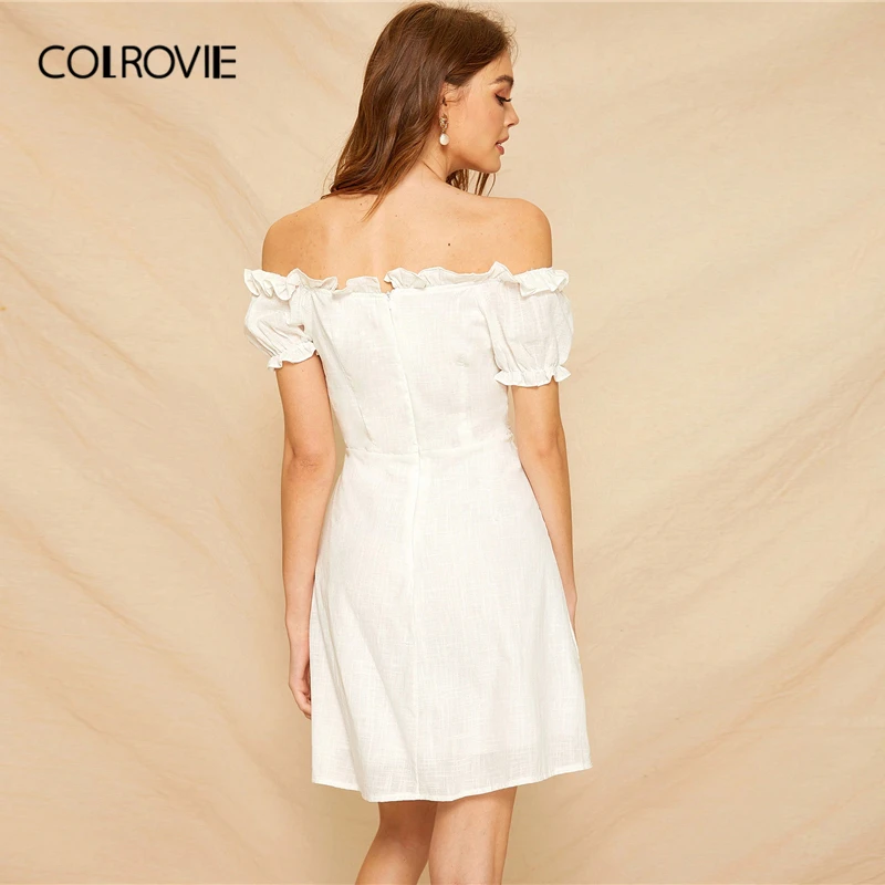 COLROVIE الأبيض قبالة الكتف الدانتيل يصل الرتوش بوهو البسيطة اللباس المرأة 2019 الصيف قصيرة الأكمام الكورية نمط خط عطلة فساتين
