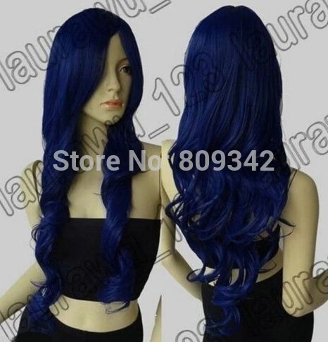 Long Bang Dark Blue Wavy Cosplay Wig + free wig cap |
