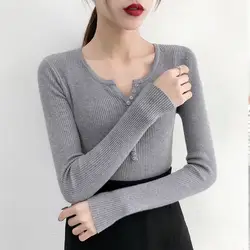 Новинка 2019, Осенние повседневные женские вязаные свитера, тонкие корейские эластичные пуловеры с длинными рукавами, трикотажная рубашка