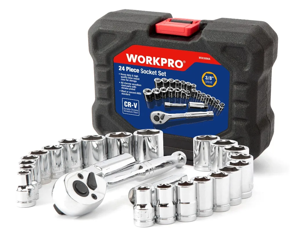 WORKPRO 24 CÁI Sửa Chữa Xe Tool Set Mô-men Xoắn Cắm Cờ Lê Set 3/8