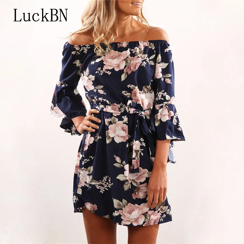 

Women Dress 2019 Summer Sexy Off Shoulder Floral Print Chiffon Dress Boho Style Short Party Beach Dresses Vestidos de fiesta