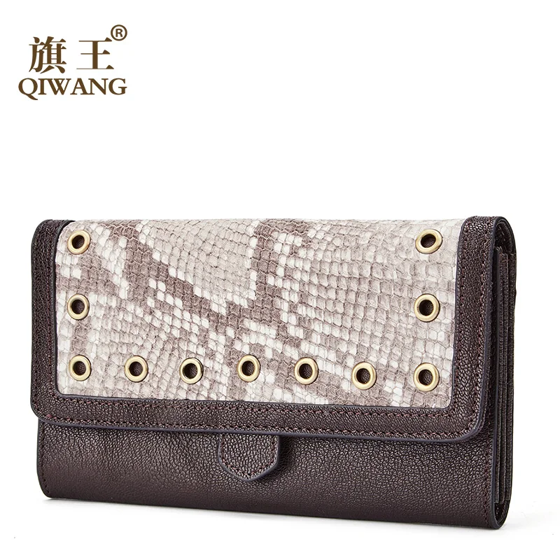 

QIWANG Fashion Women Wallets Snake Pattern Leatherl Wallet Purse for Women Real Leather Hole Design Female Long Wallet Women
