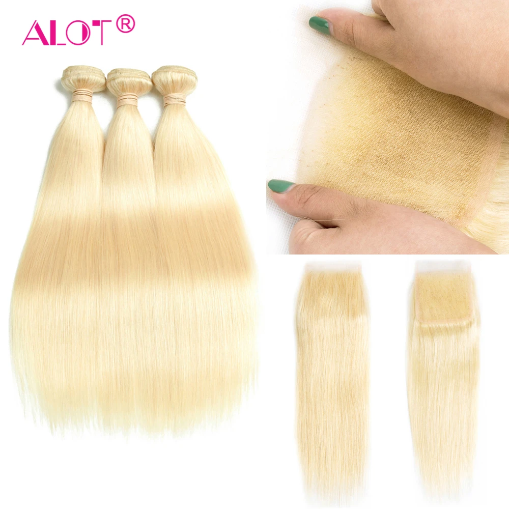 Alot Hair 613 Blonde Peruvian Straight 3 Bundles With Closure Blonde Human Hair Weave Bundles Peruvian Straight With 4x4 Closure