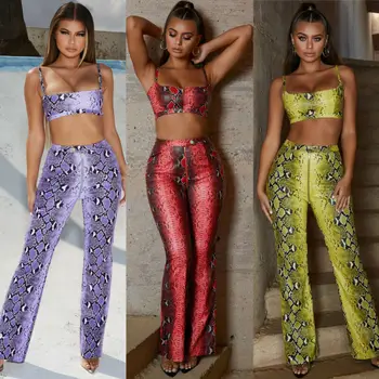 

Women 2 Piece Outfits Short Sleeve Snake Print Off Shoulder Bodycon Crop Top Pants Set Casual Jumpsuit Beach Party Suit Playsuit