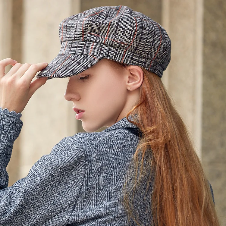 Женская клетчатая Осенняя шляпа для отдыха, модная кепка, винтажные шляпки восьмиугольная шляпа, уличная Женская Хип-хоп шляпа