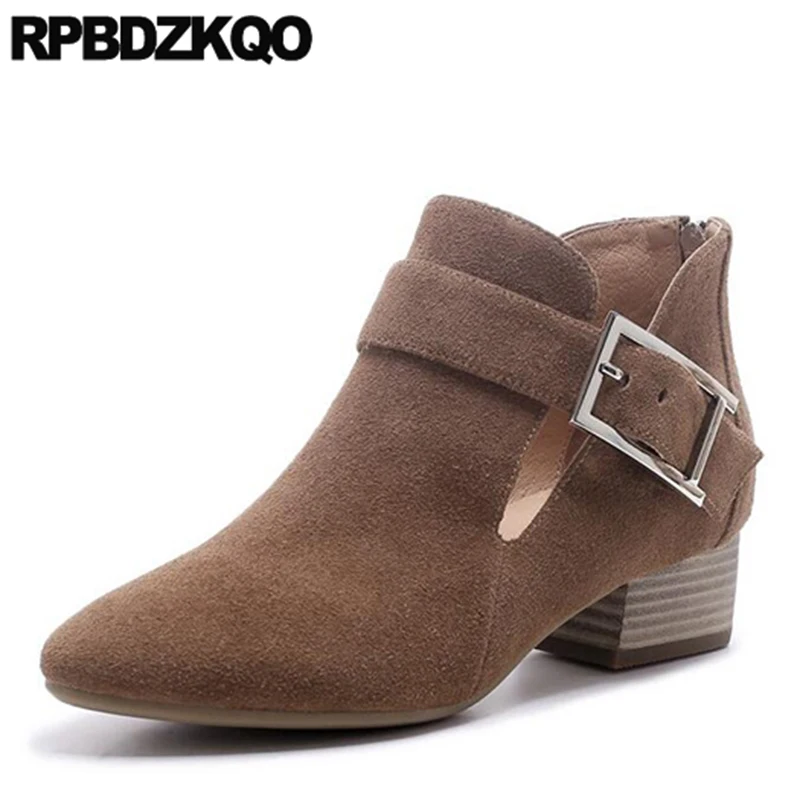 

Ankle 2017 Suede Size 4 Women Boots Medium Heel Brown Pointed Toe Fall High Booties Shoes Genuine Leather Vintage Metal Autumn