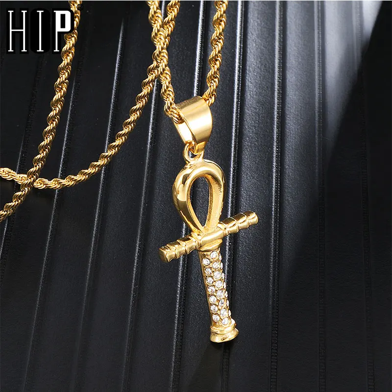 

HIP Hop Iced Out Bling Cross Rhinestone Ankh Pendants & Necklaces For Men Jewelry Key of Life Pendant Chain Necklace