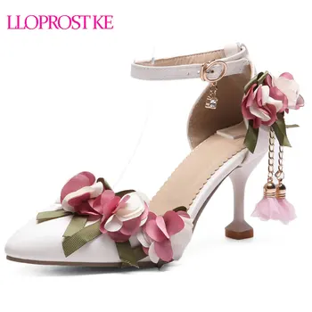 

LLOPROST KE Summer Women Sandals Pointed Toe Women Shoes Ankle Buckle Strap Flower High Heel Female Sandals Size 32-46 MY253