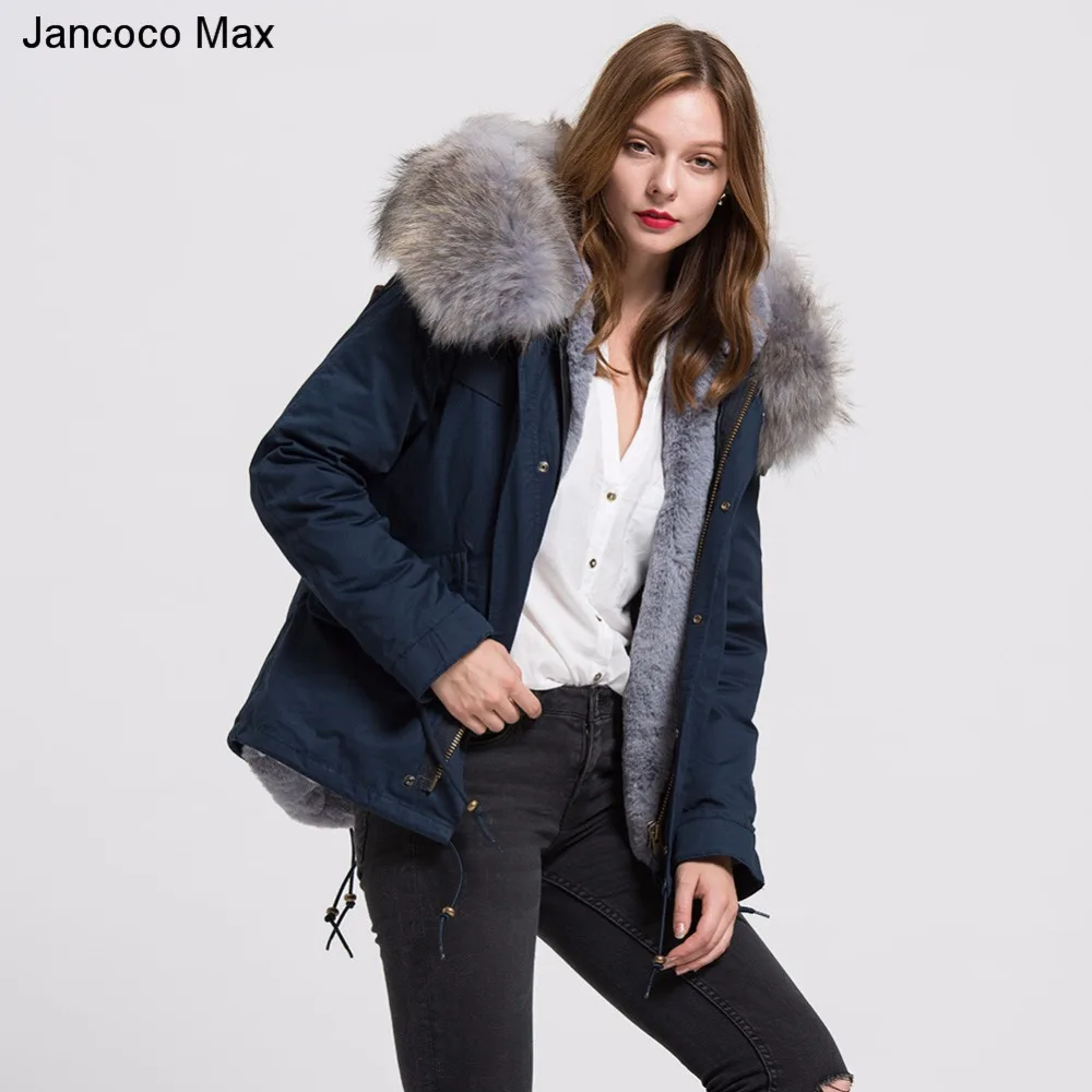 Jancoco Max 2019 Съемная куртка Паркера из натуральной енота большой меховой воротник парка отделкой Зимние теплые внутри пальто с капюшоном S1722