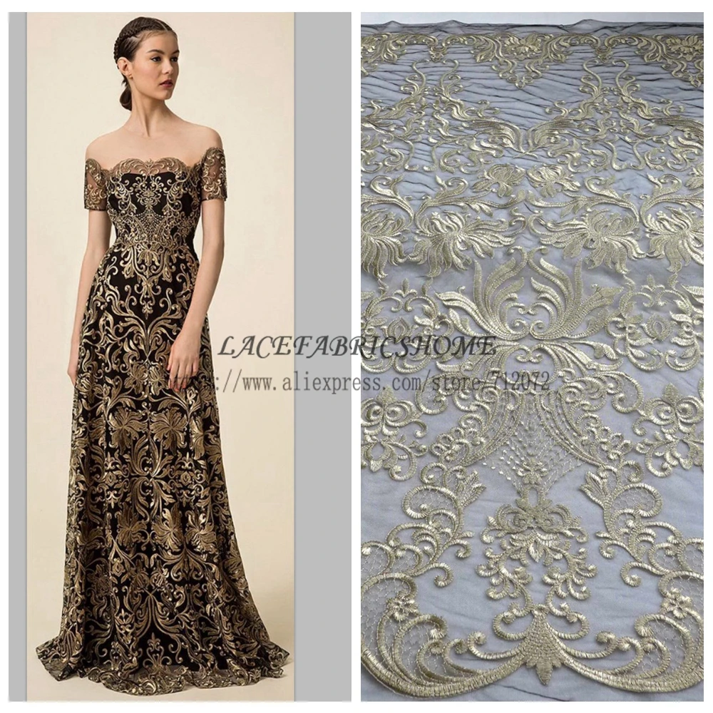 Модный стиль высокого качества бежевый/белый/золотой черный фон большой узор вышивка свадебное платье кружевная ткань по двору