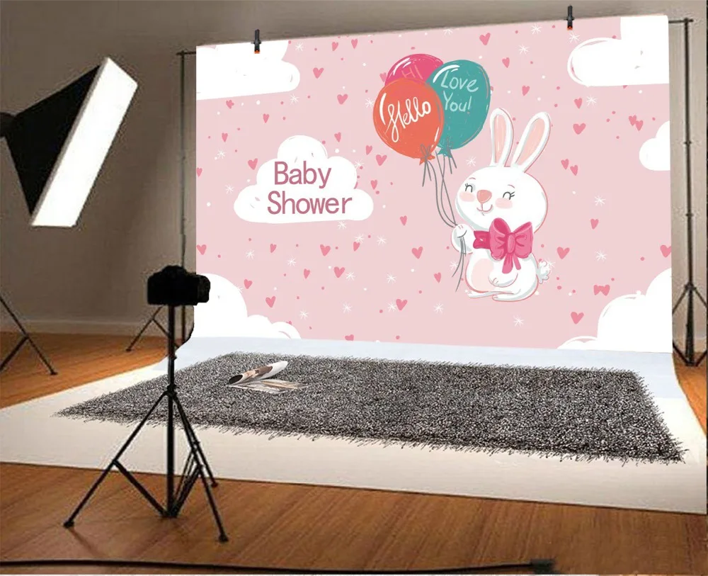 Laeacco Baby Newborn Cartoon Rabbit Balloons Clouds Photography Background Customized Photographic Backdrops For Photo Studio