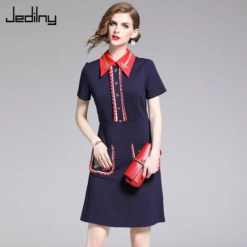 

Casual Women Dress 2019 Summer Dress Short Sleeve Button Pocket Embroidered Elegant Party Dress Vestidos de festa