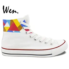 Wen Original Hand Painted Shoes Design Custom Geometric Pattern Men Women’s High Top White Canvas Sneakers