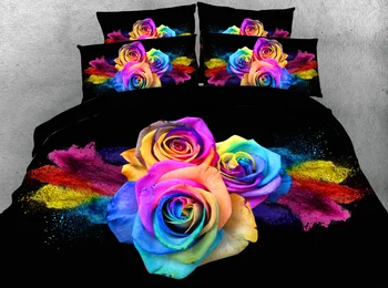 

4 or 6 pieces Black fabric home textiles single size bedding sets colorful roses duvet cover set queen super king quilt covers