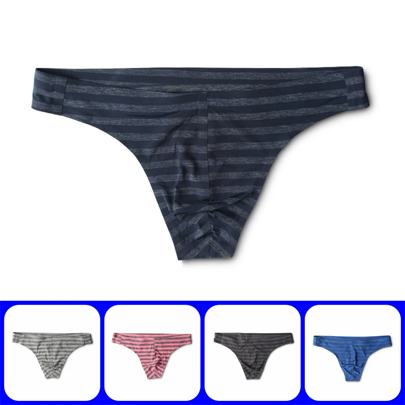 

Sexy Transparent Stripe Underwear Men Thong Bodysuit Bikini Cueca Gay Underwear Ice Silk Panties Cheap Mens Thongs And G Strings