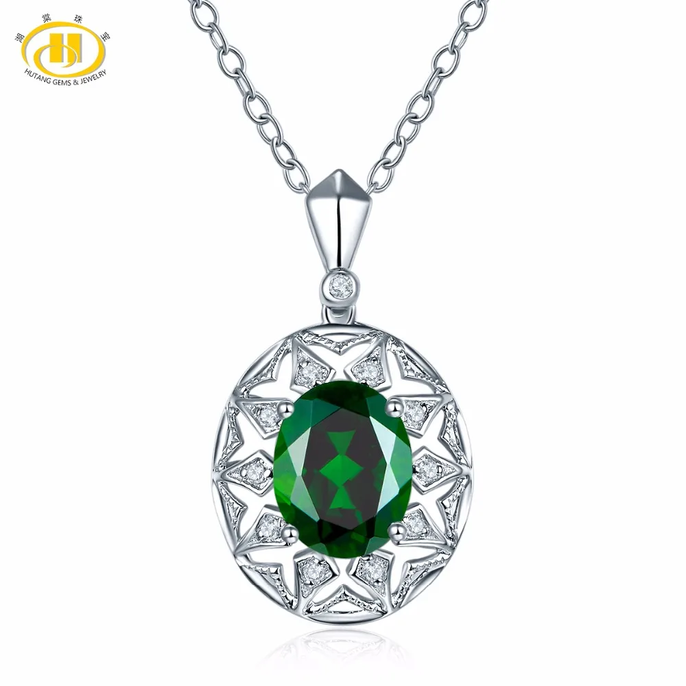 

Hutang 1.38ct Natural Gemstone Necklace Chrome Diopside 925 Sterling Silver Flower Necklaces & Pendants For Women Fine Jewelry