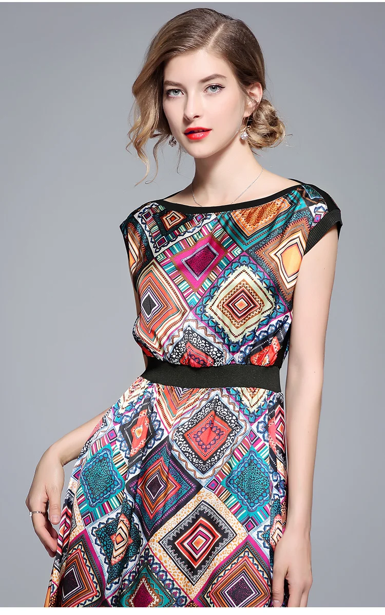 Moda 2018 mujeres elegante vestido de fiesta estampado Floral geométrico Slash cuello falso satén seda lateral Split Midi vestido Ropa Verano Mujer Moda 2018 mujeres elegante vestido de fiesta estampado Floral geométrico Slash cuello falso satén seda lateral Split Midi vestido Ropa Verano Mujer