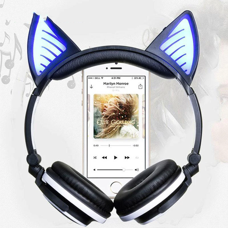 Милые наушники с кошачьими ушками, Bluetooth 4,2, складные, светодиодный, мигающий, светящаяся гарнитура, Накладные наушники, беспроводные, для девочек, детей