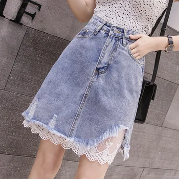 

2020 denim skirt midi skirt tulle skirt jean skirt a line blue jeans half length pockets skirt white lace skirt