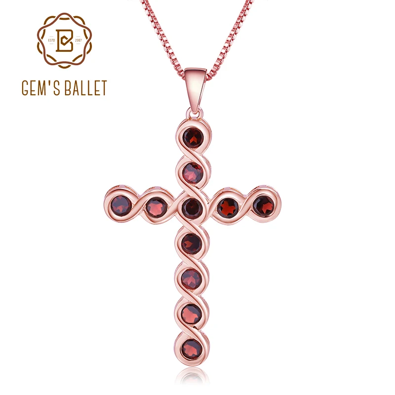 

GEM'S BALLET 4.05Ct Natural Garnet Cross Pendant Necklace Real 925 Sterling Silver Vintage Gemstone Jewelry For Women Wedding
