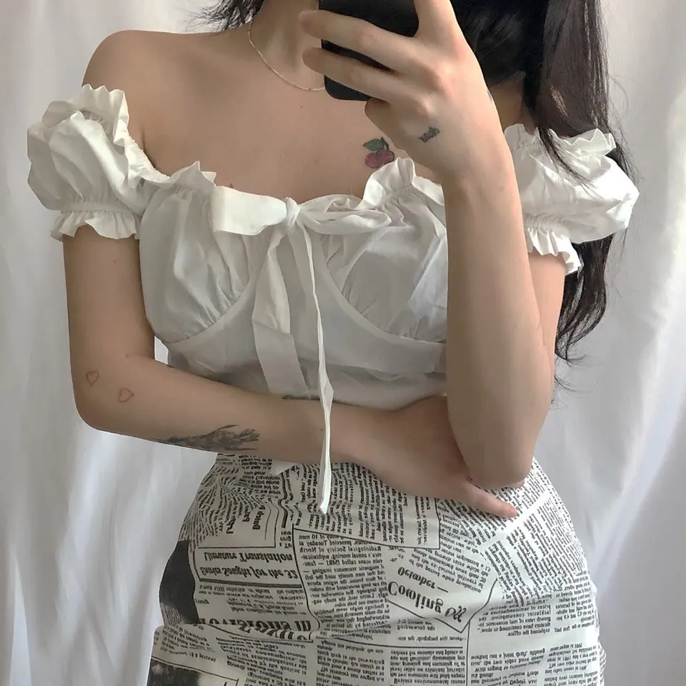 

Petite Puff Sleeve Blouse Crop Top Ruched Hem Tie Kawaii Sexy Shirt Women Chemise Femme Chemisier Blusa Mujer Camisa