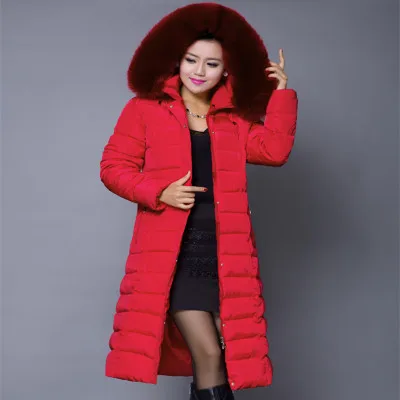 Длинная толстая теплая хлопковая зимняя куртка для женщин больших размеров, высококачественное приталенное зимнее пальто с меховым воротником, женская верхняя одежда, Женская парка XL-5XL - Цвет: Red