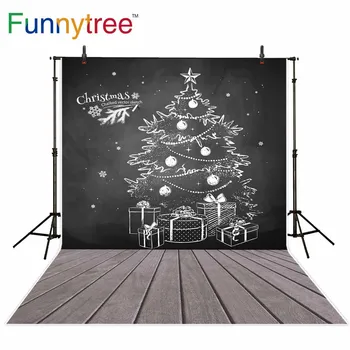 

Funnytree Photo background Blackboard chalk drawing gray wooden floor christmas gifts photography backdrops photocall fond